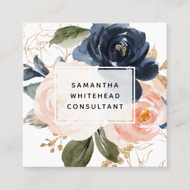Watercolor Pink Floral Square Business Card (Front)