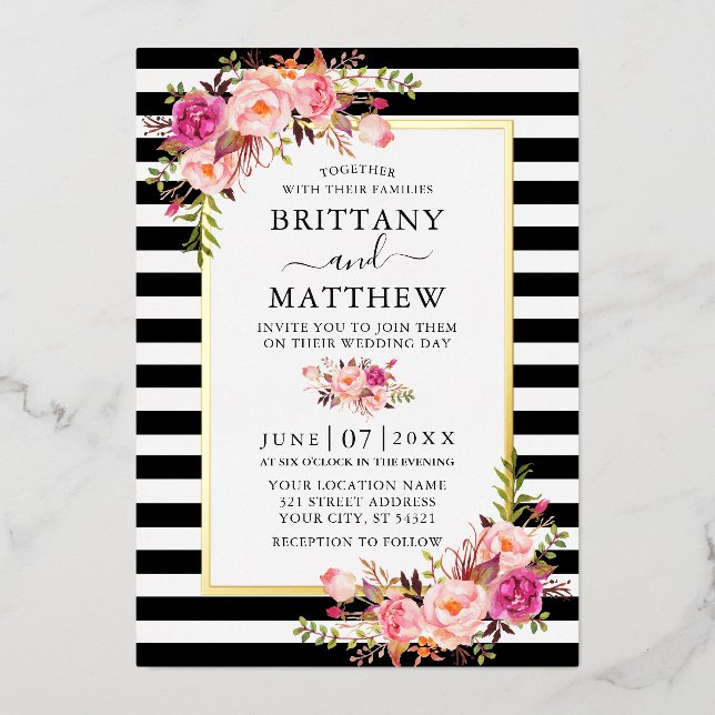  Watercolor Pink Floral Striped Wedding Gold (Front)