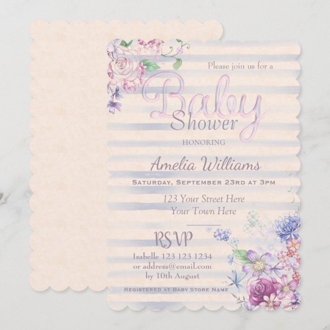 Watercolor Pink Floral & Stripes Girl Baby Shower Invitation (Front/Back)