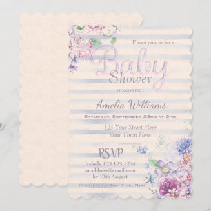 Watercolor Pink Floral & Stripes Girl Baby Shower Invitation