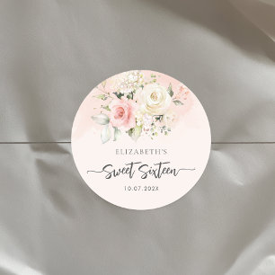Watercolor Pink Floral Sweet 16 Birthday Party Classic Round Sticker