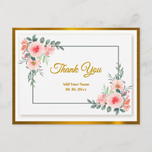 Watercolor Pink Floral Thank You and Gold Frame Postcard