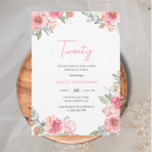 Watercolor Pink Floral Twenty Boho Chic Birthday Invitation