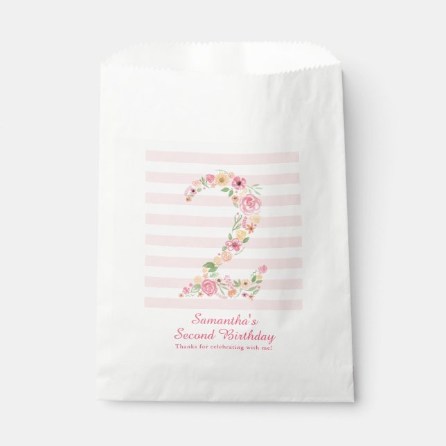 Watercolor Pink Floral Two 2nd Birthday Favour Bags (Front)