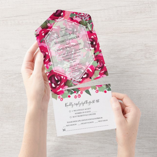 Watercolor Pink Floral Wedding All In One Invitation (Tearaway)