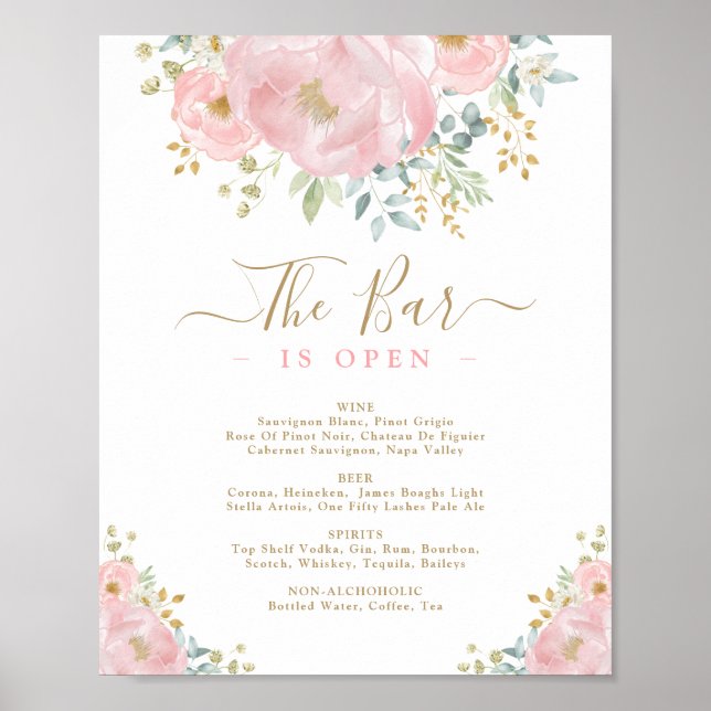 Watercolor Pink Floral Wedding Bar Drinks Menu Poster (Front)