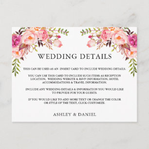 Watercolor Pink Floral Wedding Details Insert Card
