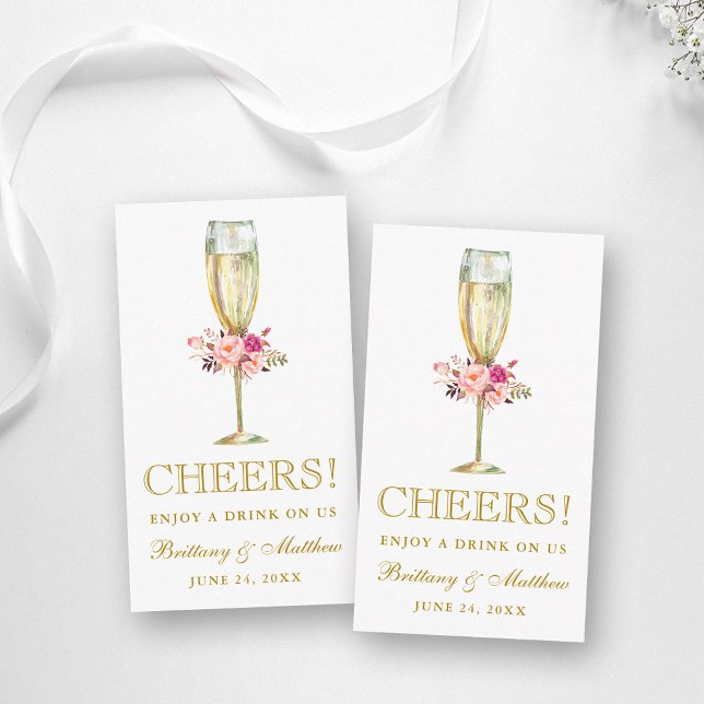 Watercolor Pink Floral Wedding Drink Ticket Card (Customize to change text color, style, size or to add more text to back of card.)