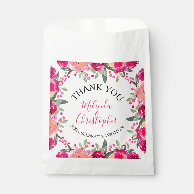 Watercolor Pink Floral Wedding Favour Bags (Front)