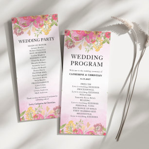 Watercolor pink floral Wedding flat Programme