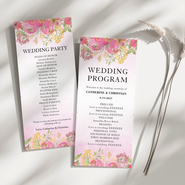 Watercolor pink floral Wedding flat Programme (Creator Uploaded)