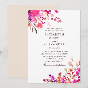 Watercolor pink floral wedding. Garden botanical Invitation