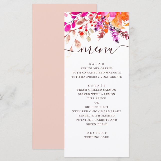 Watercolor pink floral wedding. Garden botanical Menu (Front/Back)