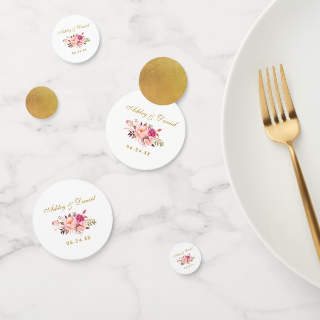 Watercolor Pink Floral Wedding Gold Confetti (Group)