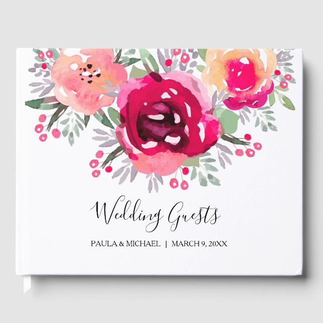 Watercolor Pink Floral Wedding Guest Book (Front)