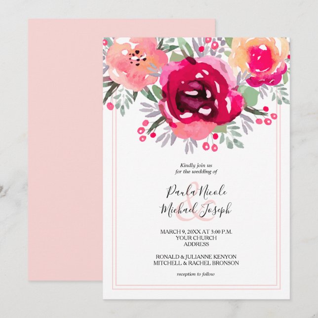 Watercolor Pink Floral Wedding Invitation (Front/Back)