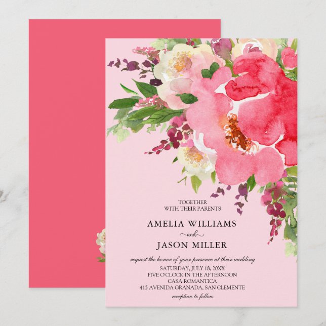 Watercolor Pink Floral Wedding Invitations (Front/Back)