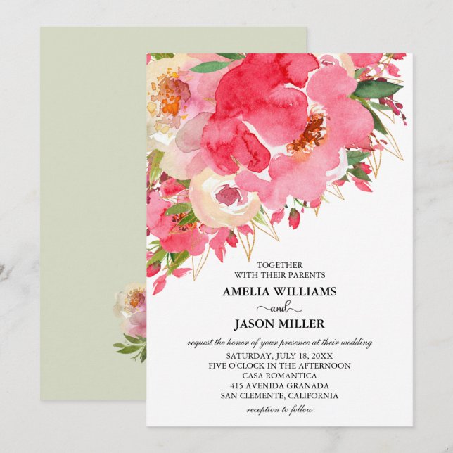 Watercolor Pink Floral Wedding Invitations (Front/Back)