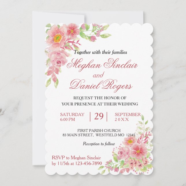 Watercolor Pink Floral Wedding Invites (Front)