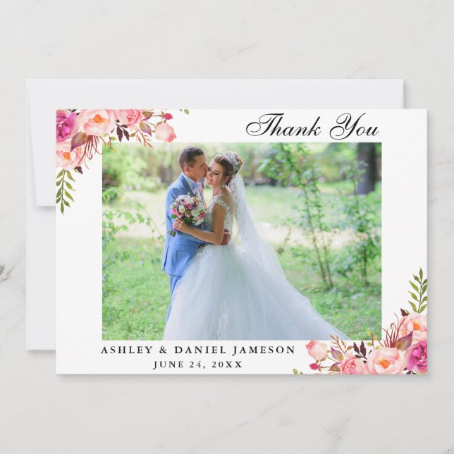 Watercolor Pink Floral Wedding Photo Thank You Card (Front)