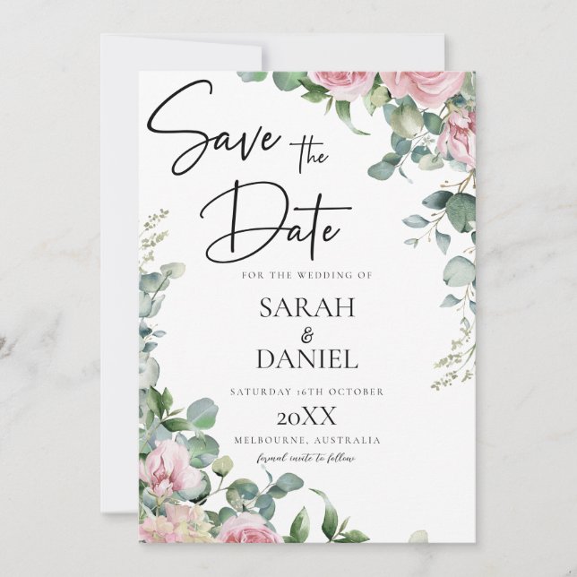 Watercolor Pink Floral Wedding Save The Date (Front)