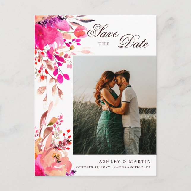 Watercolor pink floral wedding Save the Date Postcard (Front)