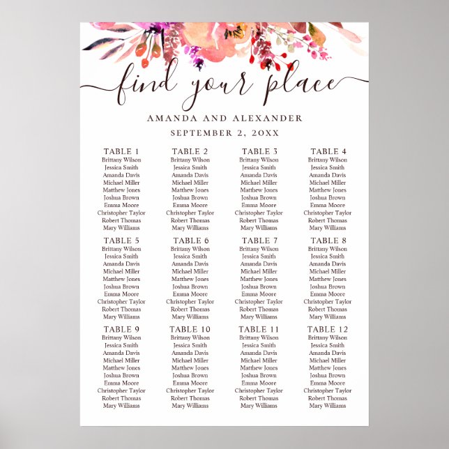 Watercolor pink floral wedding seating chart (Front)