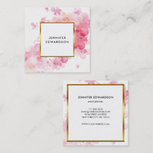 Watercolor pink floral white gold professional square business card