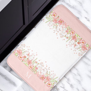 Watercolor Pink Floral Wildflowers Monogram Bath Mat