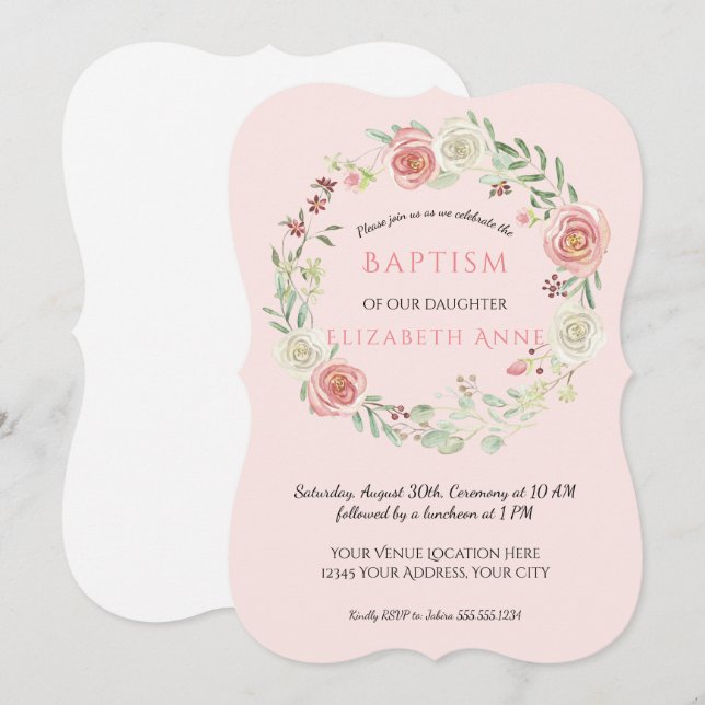 Watercolor Pink Floral Wreath Baptism Baby Girl Invitation (Front/Back)
