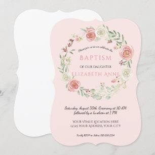Watercolor Pink Floral Wreath Baptism Baby Girl Invitation