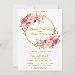 Watercolor Pink Floral Wreath Gold Bridal Shower Invitation