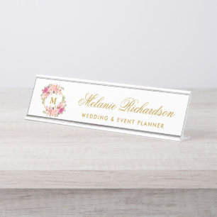Watercolor Pink Floral Wreath Gold Monogram Desk Name Plate