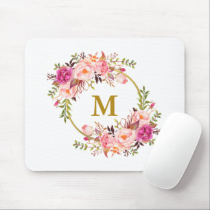 Watercolor Pink Floral Wreath Gold Monogram Mouse Mat