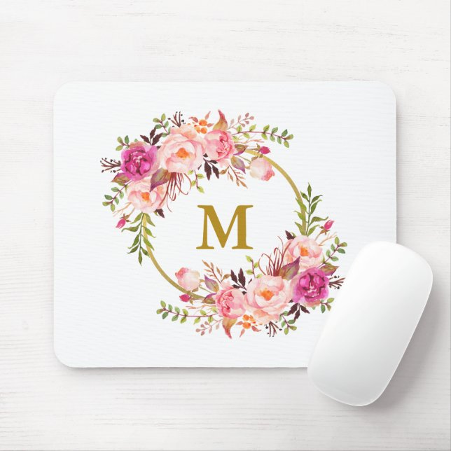 Watercolor Pink Floral Wreath Gold Monogram Mouse Mat (With Mouse)