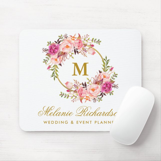 Watercolor Pink Floral Wreath Monogram Gold Mouse Mat (With Mouse)