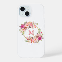 Watercolor Pink Floral Wreath Monogram