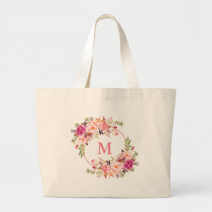 Watercolor Pink Floral Wreath Monogram Large Tote Bag