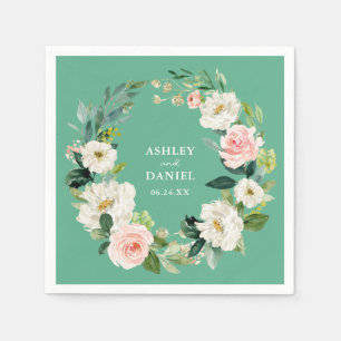 Watercolor Pink Floral Wreath Wedding Neo Mint Napkin