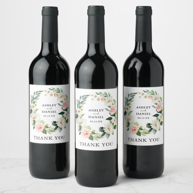 Watercolor Pink Floral Wreath Wedding Thanks Wine Label (Bottles)