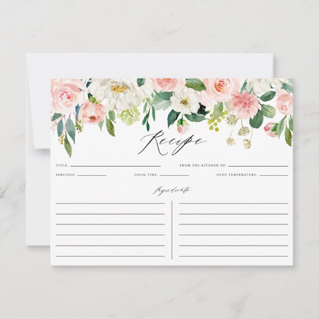 Watercolor Pink Florals Bridal Shower Recipe Card (Front)
