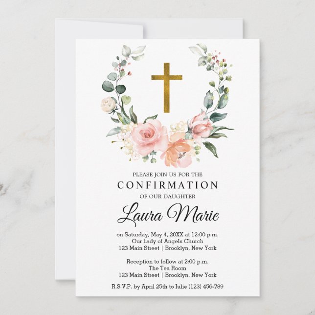 Watercolor Pink Florals Confirmation Invitation (Front)