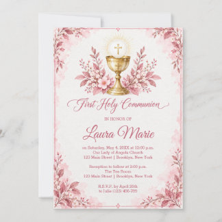 Watercolor Pink Florals First Holy Communion Invitation