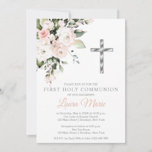 Watercolor Pink Florals First Holy Communion Invitation