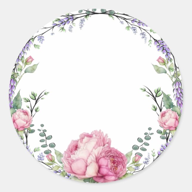 Watercolor pink florals lavender educalyptus classic round sticker (Front)