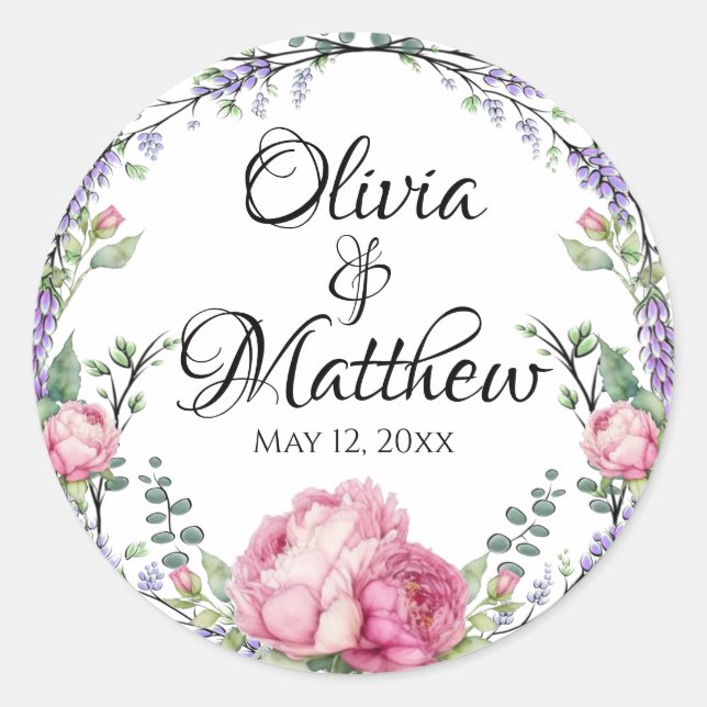 Watercolor pink florals lavender educalyptus classic round sticker (Front)