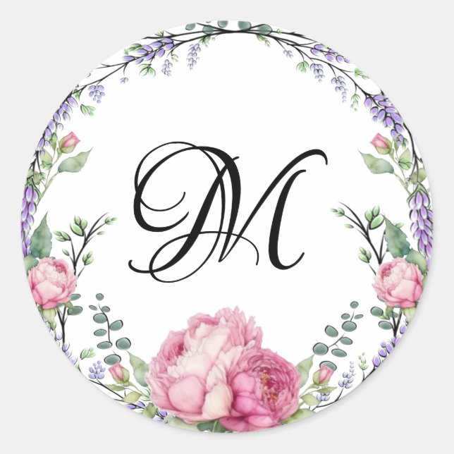 Watercolor pink florals lavender educalyptus classic round sticker (Front)