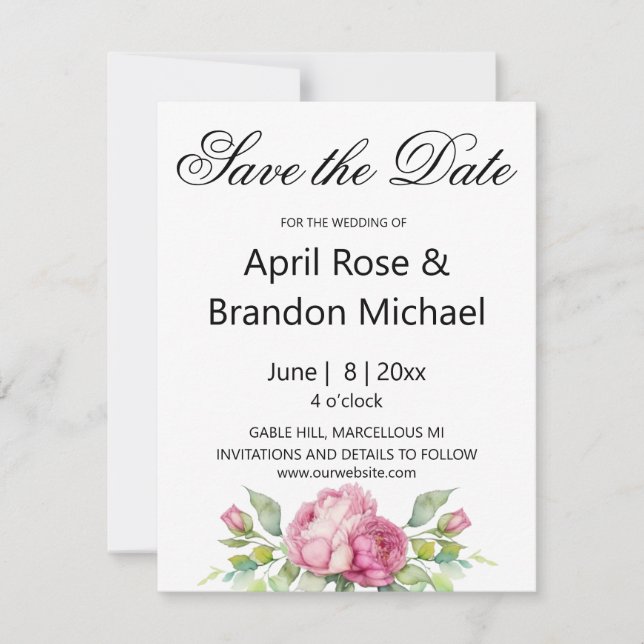 Watercolor pink florals peony roses SAVE THE DATE (Front)