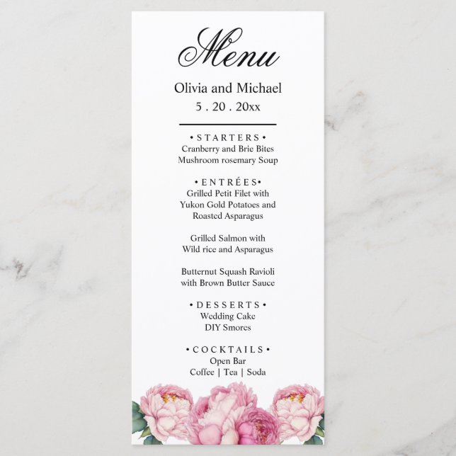 Watercolor pink florals pink peonies pink roses menu (Front)