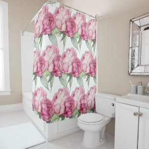Watercolor pink florals pink peonies pink roses shower curtain